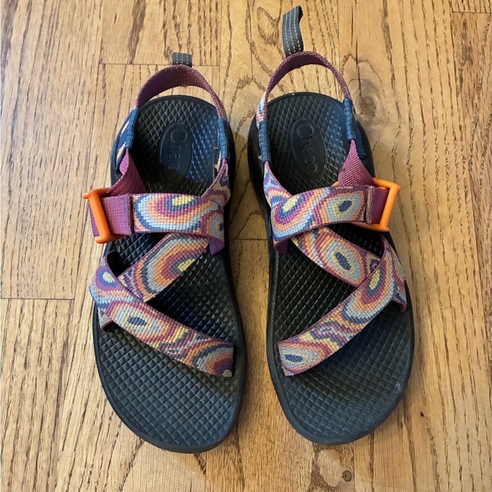 Chaco Kids Multicolored Patterned Strap Sandals with Orange Buckles